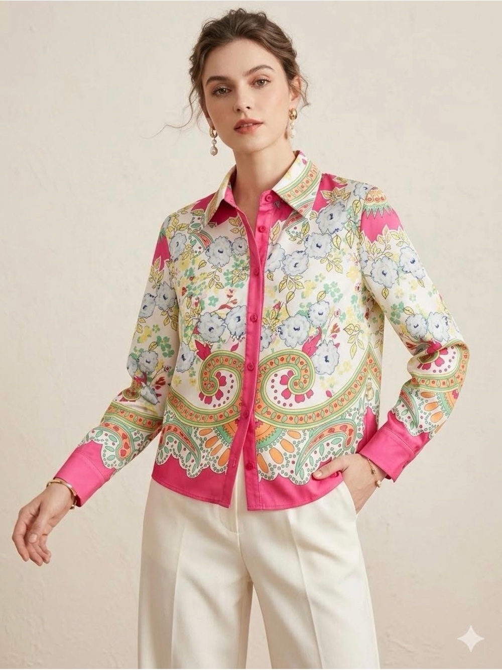 Maison d’Amelie Pink  Paisley & Floral Cropped Button Down Shirt- Size S